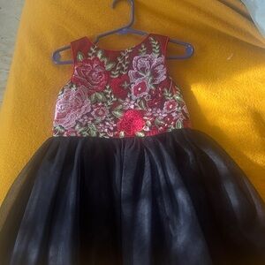 Girls Red Embroidered Bodice Black Tulle Formal Dress